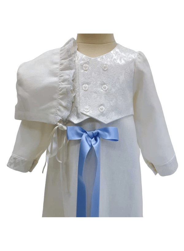 Christening gown for boys,  In linen with brocade vest and bonnet, 10 choices of bow