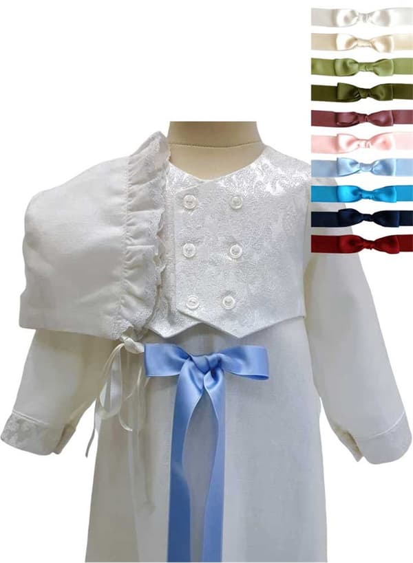 Christening gown for boys,  In linen with brocade vest and bonnet, 10 choices of bow