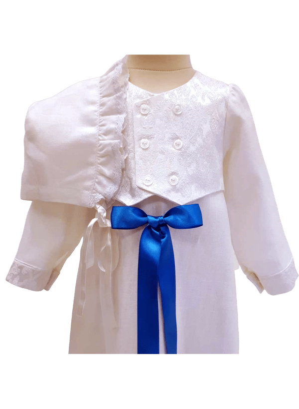 Christening gown for boys,  In linen with brocade vest and bonnet, 10 choices of bow