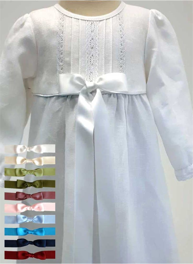 Christening gown - Grace of Sweden - White with long sleeve in linen. 6 bows options