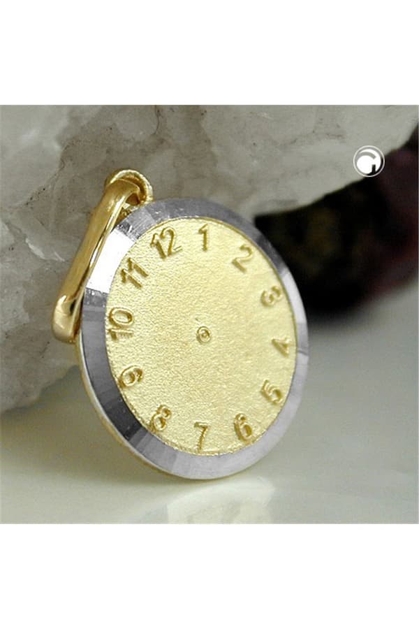 Pendant 12,4mm Baptism Clock Bicolor Rhodium Plated 9k Gold - GL430939