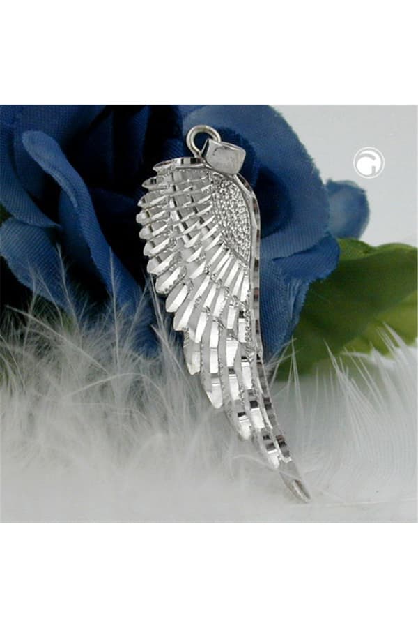 Pendant 37x12mm Wing Diamond Cut Rhodium Plated Silver 925 - GL90139