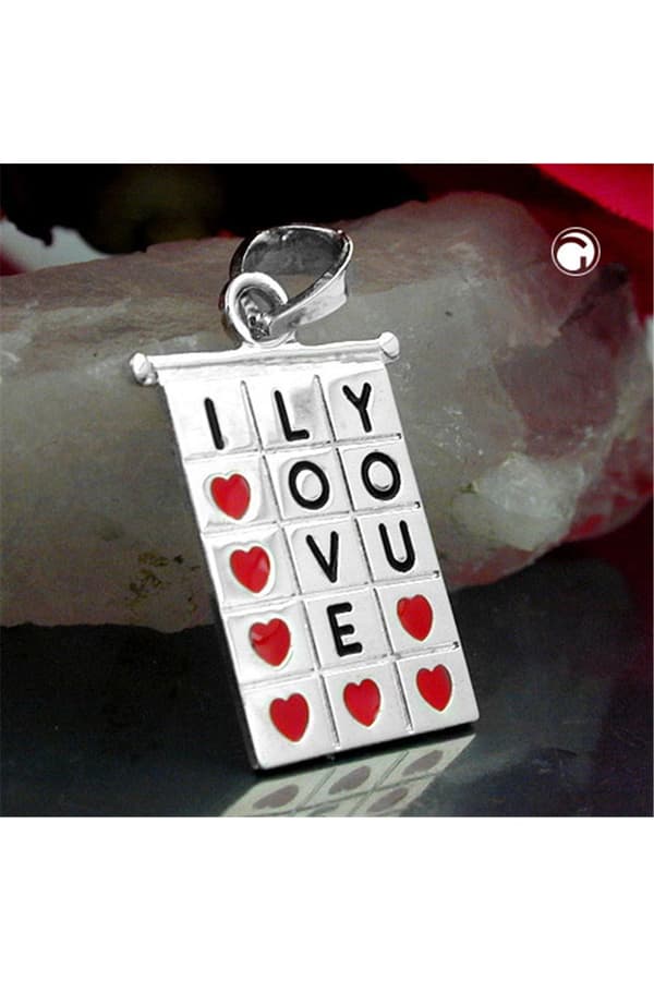 Pendant 22x13mm Square Table I-Love-You Red-Black Lacquered Silver 925 - GL92381