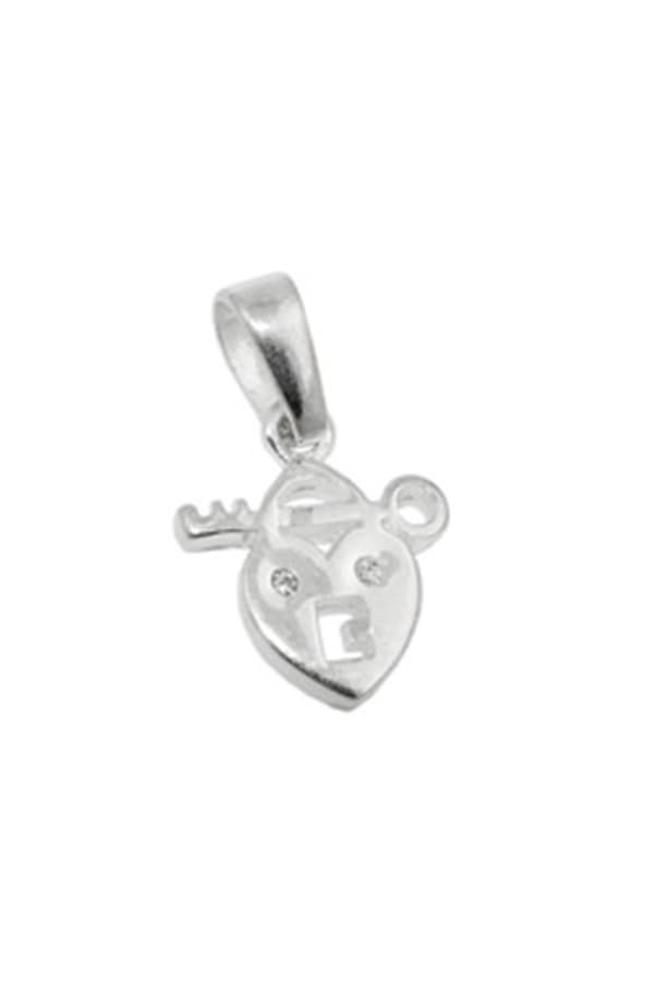 Pendant 13x11mm Heart Lock With Key With Cubic Zirconia Shiny Silver 925 - GL92609