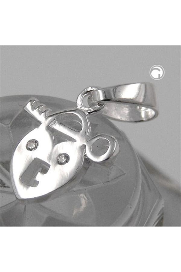 Pendant 13x11mm Heart Lock With Key With Cubic Zirconia Shiny Silver 925 - GL92609