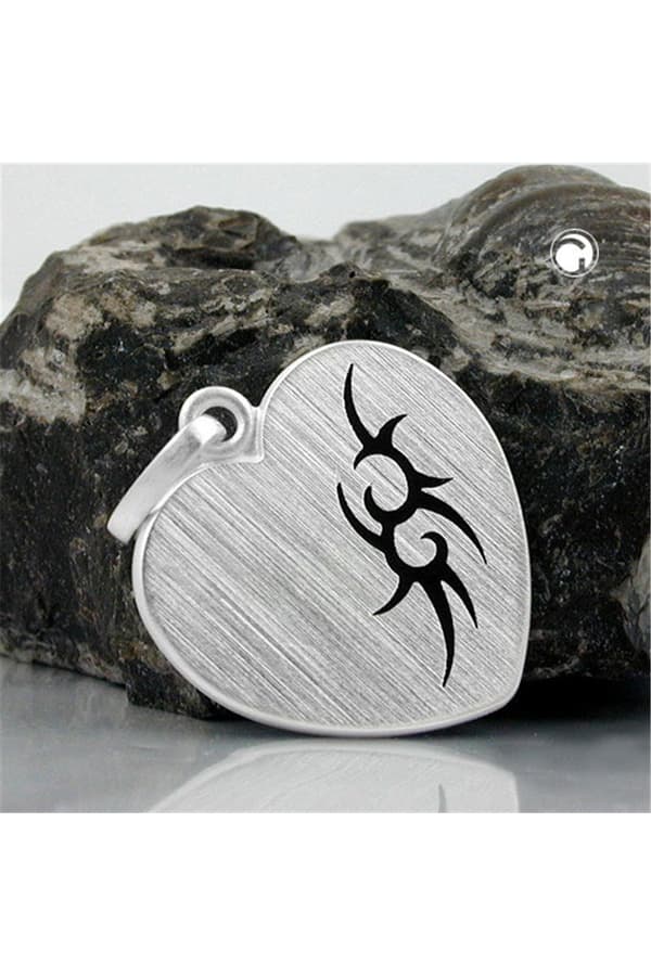 Pendant 23x22mm Heart With Tribal Black Lacquered Matt Silver 925 - GL92442