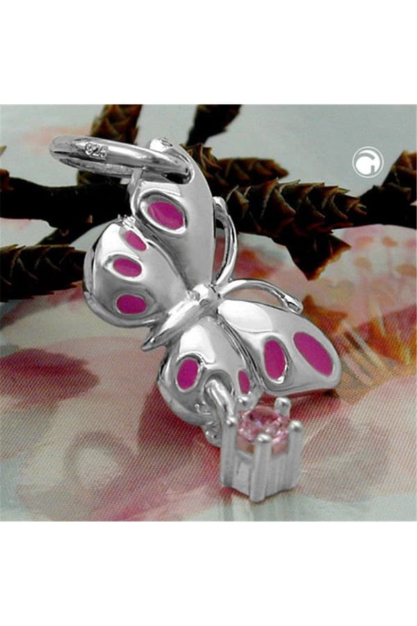 Pendant 18x8mm Butterfly Pink Laquered With Tag Zirconia Pink Silver 925 - GL91688