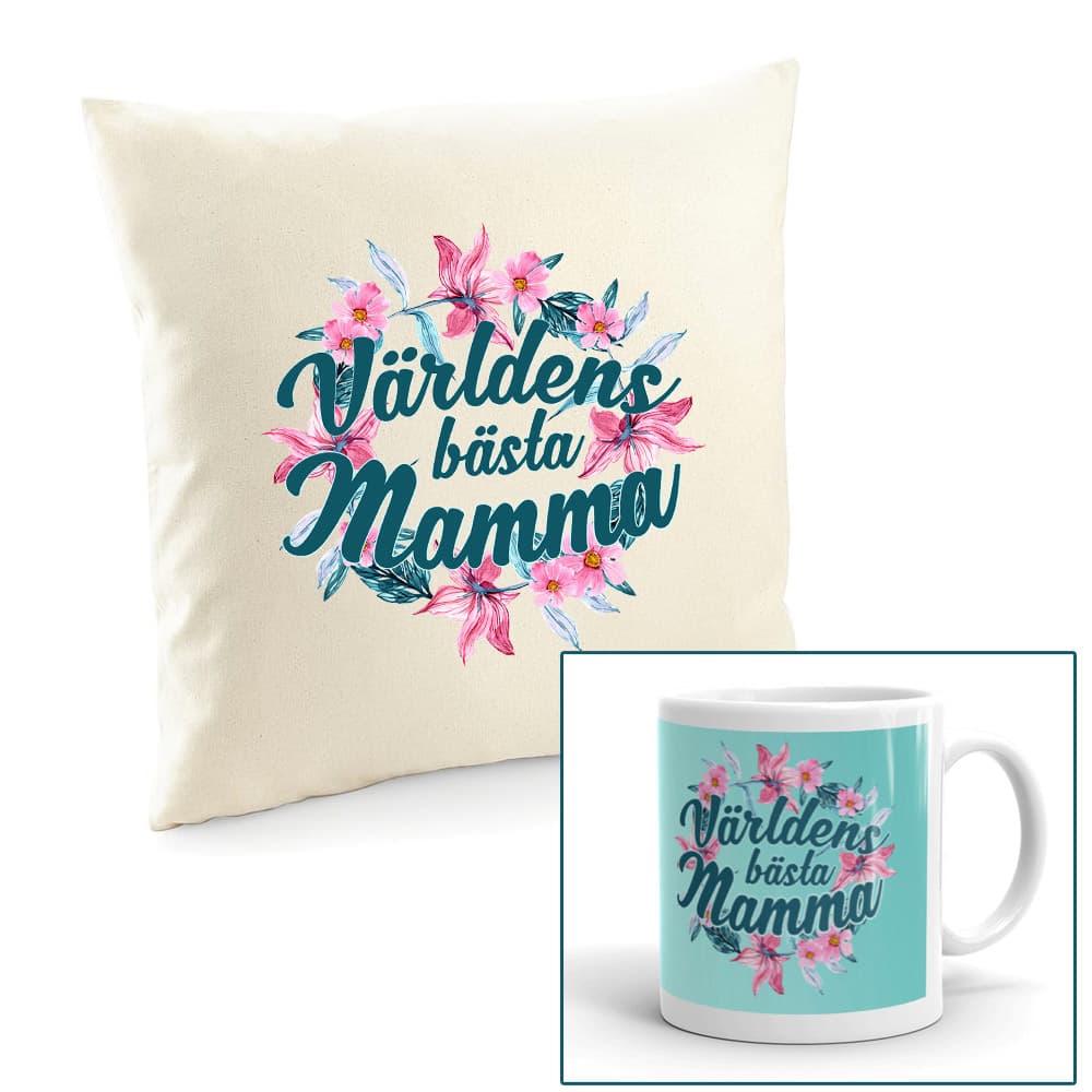 Världens bästa mamma kuddfodral & mugg paket Blom