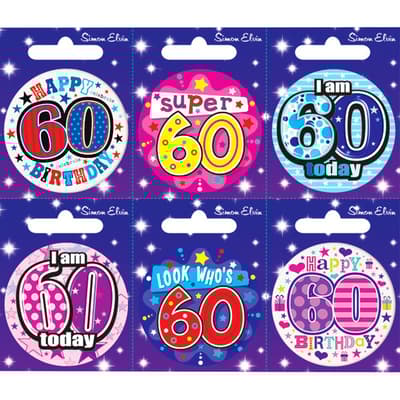 Simon Elvin 60th Birthday Small Badge (Pack Of 6)