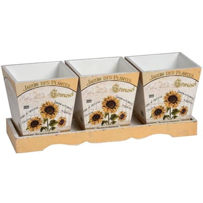 Hill Interiors Wooden Set Of Three Planters With Tray And Sunflower Design