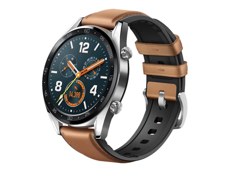Huawei Watch GT Classic - 46.5 mm - rostfritt stål - smart klocka med rem - läder/silikon - sadelbrun - wrist size: 140-210 mm - display 1.39" - 128