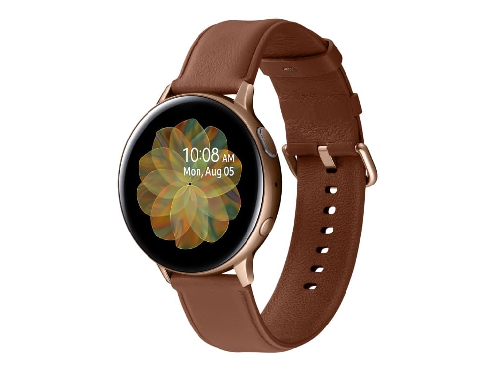 Samsung Galaxy Watch Active 2 - 44 mm - guld rustfrit stål - smart ur med bånd - læder - brun - display 1.4" - 4 GB - Wi-Fi, NFC, Bluetooth - 42 g (N