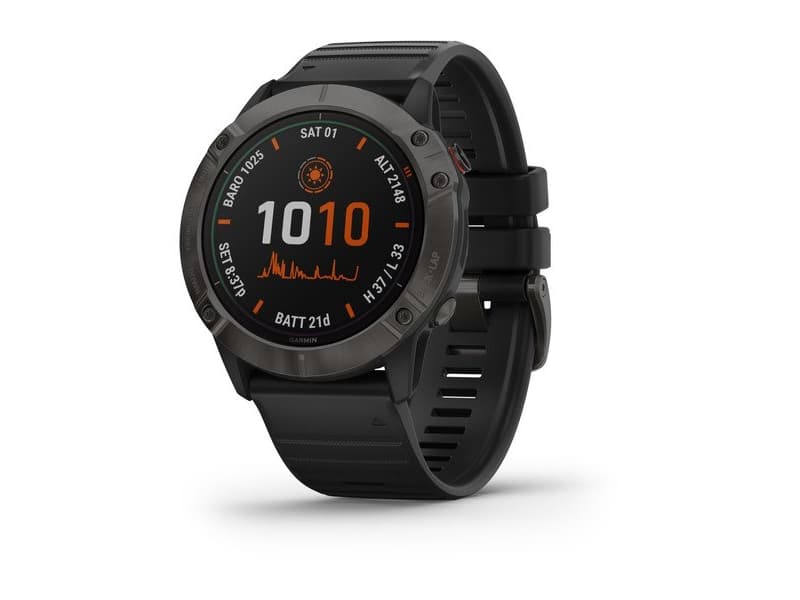 Garmin fenix 6X Pro Solar - Carbon gray DLC - sportsur med bånd - silikon - svart - wrist size: 127-210 mm - display 1.4" - 32 GB - Bluetooth, Wi-Fi,