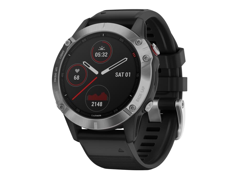 Garmin fenix 6 - Sølv - sportsur med bånd - silikone - sort - display 1.3" - Bluetooth, ANT+ - 57 g