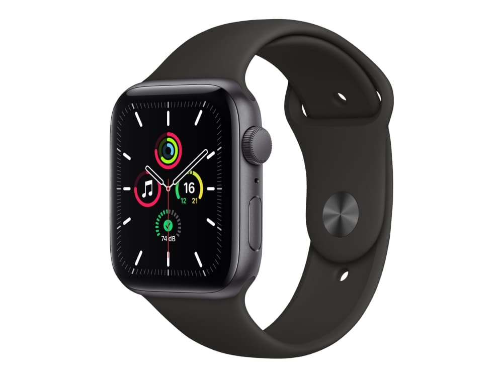 Apple Watch SE (GPS) - 44 mm - rymdgrå aluminium - smart klocka med sportband - fluoroelastomer - svart - band size: S/M/L - 32 GB - Wi-Fi, Bluetooth
