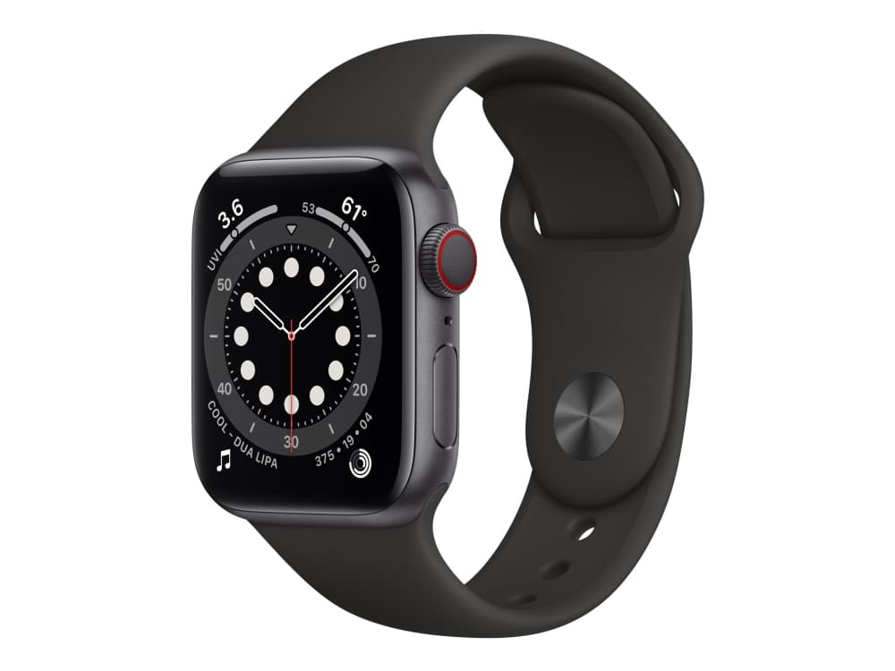 Apple Watch Series 6 (GPS + Cellular) - 40 mm - rymdgrå aluminium - smart klocka med sportband - fluoroelastomer - svart - band size: S/M/L - 32 GB -