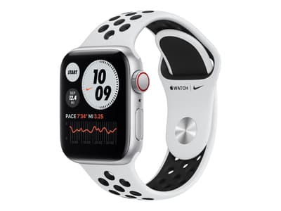 Apple Watch Nike SE (GPS + Cellular) - 40 mm - sølvaluminium - smartklokke med Nike-sportsmerke - fluorelastomer - ren platina / svart - båndbredde: