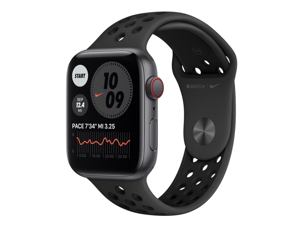 Apple Watch Nike SE (GPS + Cellular) - 44 mm - rymdgrå aluminium - smart klocka med Nike sportband - fluoroelastomer - antracit/svart - bandstorlek: