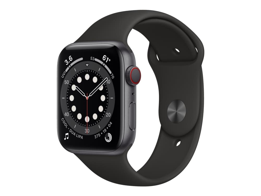 Apple Watch Series 6 (GPS + Cellular) - 44 mm - rymdgrå aluminium - smart klocka med sportband - fluoroelastomer - svart - bandstorlek: S/M/L - 32 GB