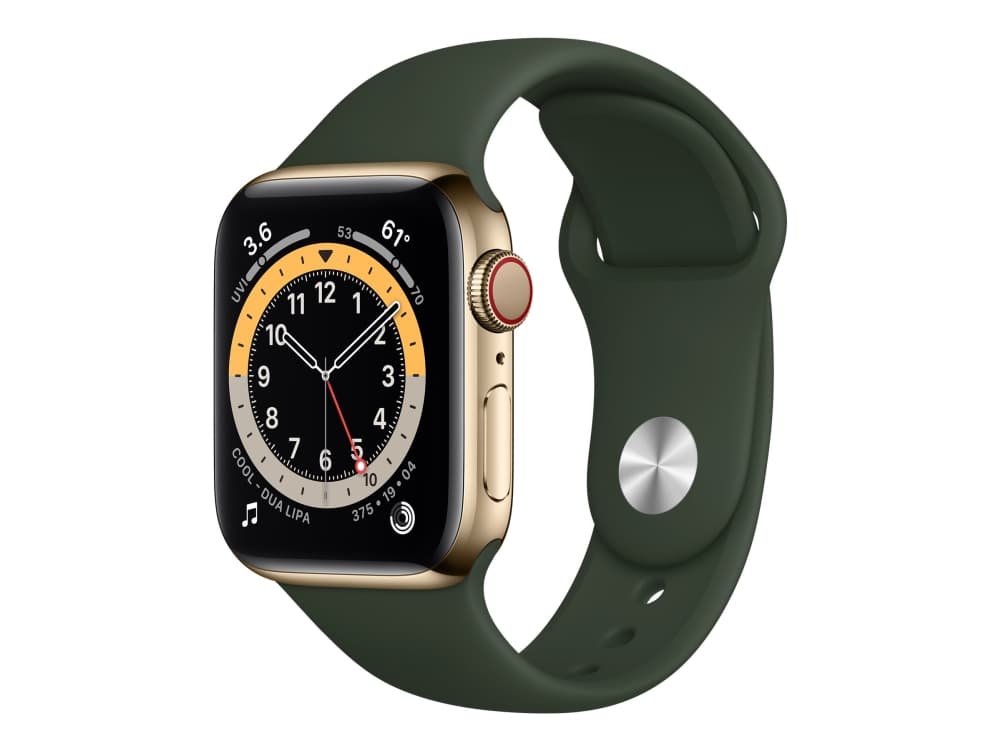 Apple Watch Series 6 GPS + Cellular Smartwatch, 40mm Gold Stainless Steel Case With Cypriot Green Sport Band