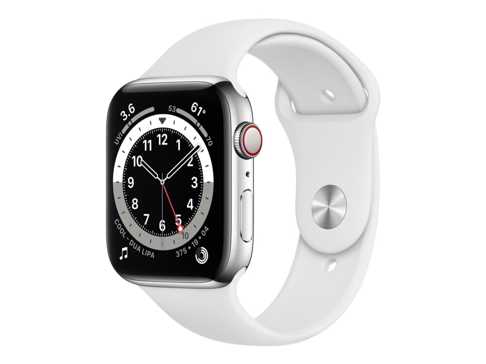 Apple Watch Series 6 GPS + Cellular Smartwatch 44mm Silver Stainless Steel Case With White Sport Band