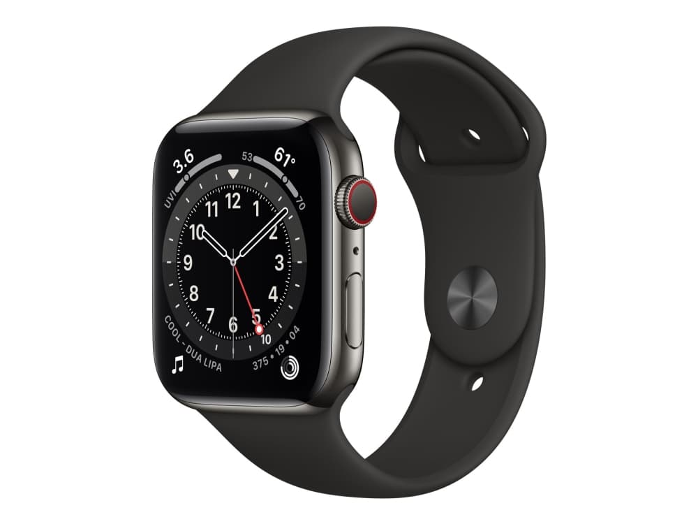 Apple Watch Series 6 (GPS + Cellular) - 40 mm - rustfritt grafittstål - smartklokke med sportsbånd - fluorelastomer - svart - båndbredde: S/M/L - 32
