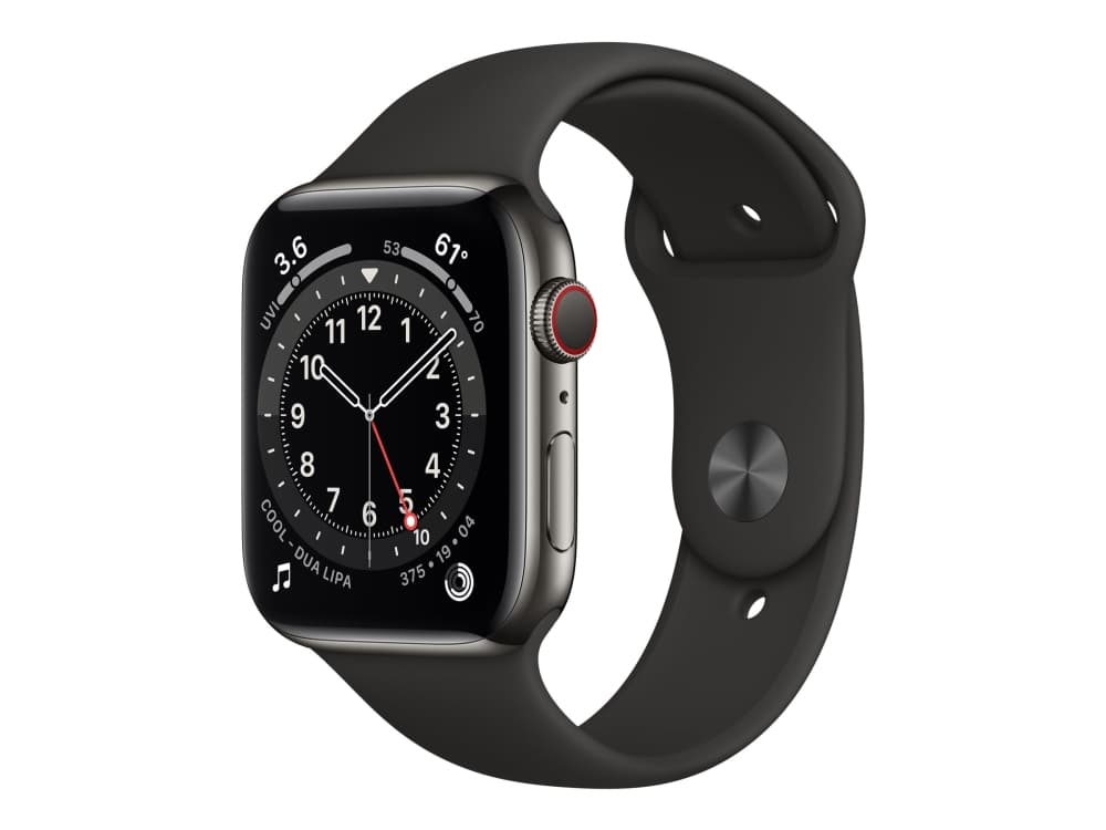 Watch Series 6 GPS + Cellular, 44mm Graphite Stainless Steel Case with Black Sport Band - Regular