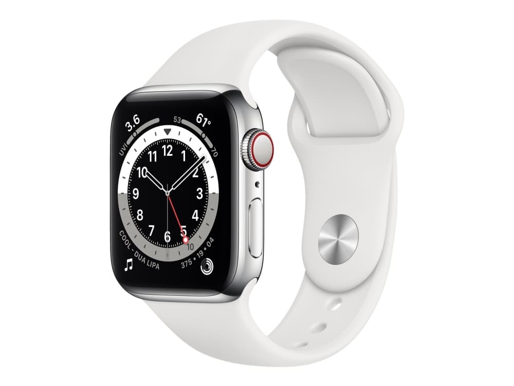Apple Watch 6 GPS + Cellular 40mm Stainless Steel Sport Band, silver/white (M06T3EL/A)
