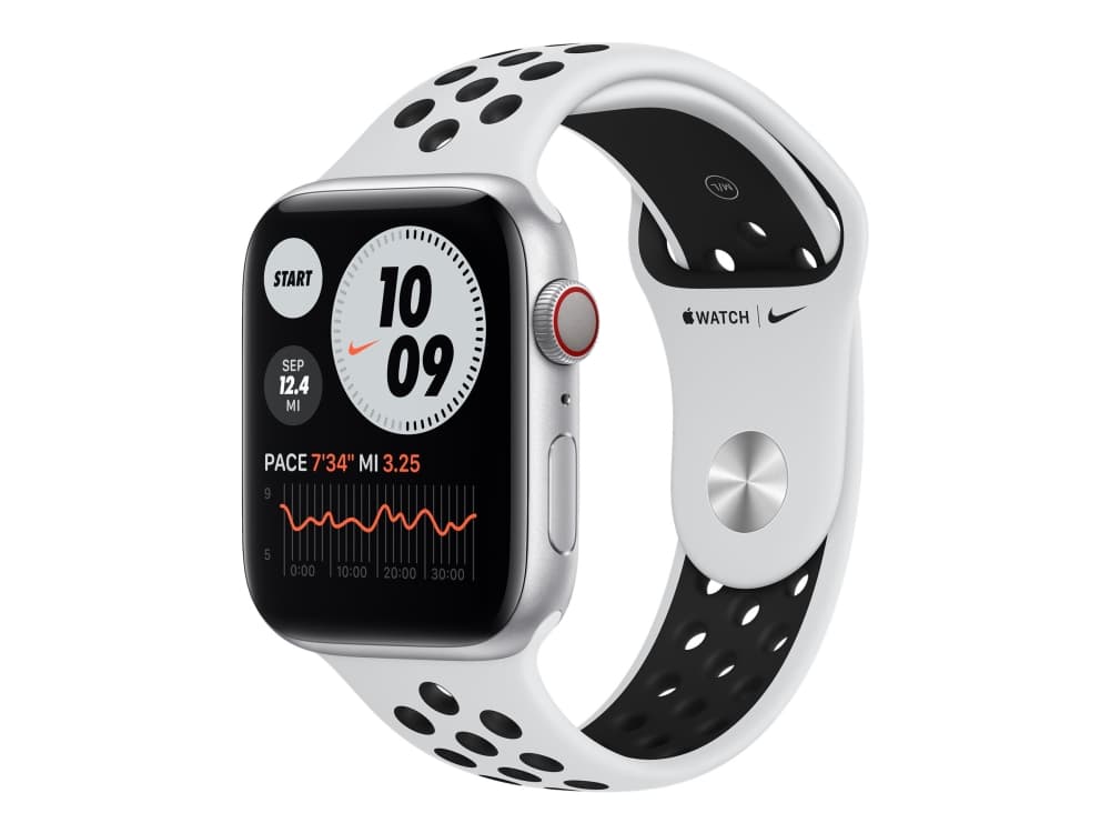 Apple Watch Nike Series 6 (GPS + Cellular) - 44 mm - silveraluminium - smart klocka med Nike sportband - fluoroelastomer - ren platina/svart - bandst