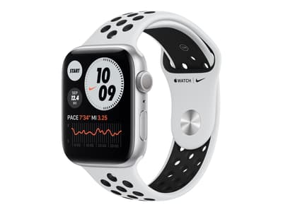 Apple Watch Nike Series 6 (GPS) - 44 mm - silveraluminium - smart klocka med Nike sportband - fluoroelastomer - ren platina/svart - bandstorlek: S/M/