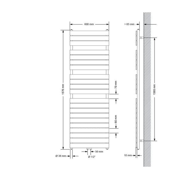 ECD Germany Håndklædekøler Dampkonstruktion radiator central tilslutning 600 x 1576 mm hvid inkl. Tilslutningssæt med termostat lige form hvid