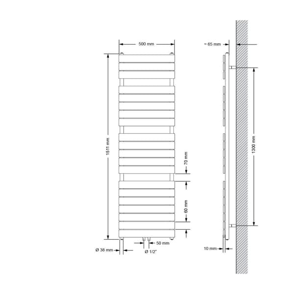 ECD Germany Handduksradiator Ångutförande radiator centralanslutning 500 x 1511 mm vit inkl. Anslutningssats med termostat rakt igenom vit