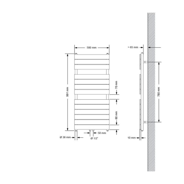 ECD Germany Handduksradiator Ångutförande radiator centralanslutning 500 x 991 mm vit inkl. Anslutningssats med termostat hörnform vägg vit