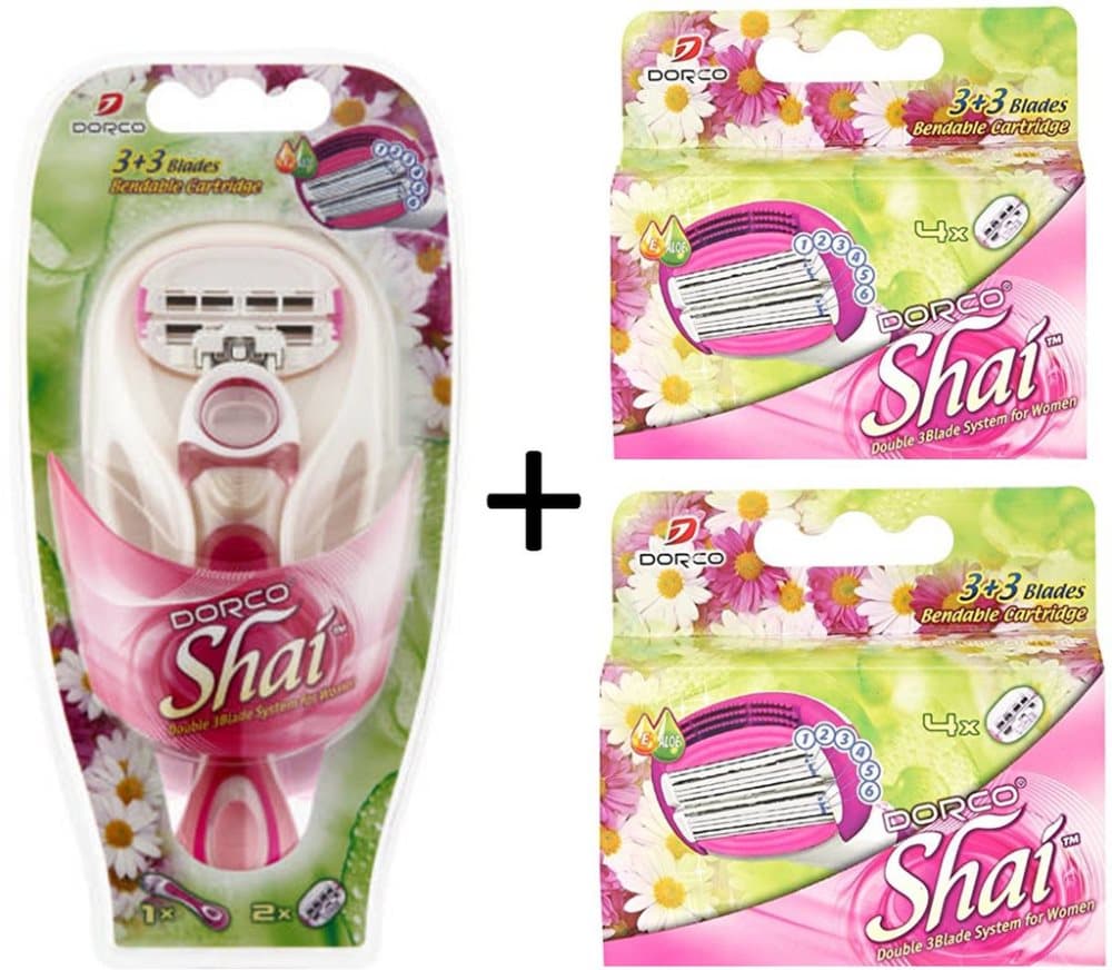 Dorco Shai rakhyvel + 10 rakblad, 3+3 bladig för kvinnor, tjejer