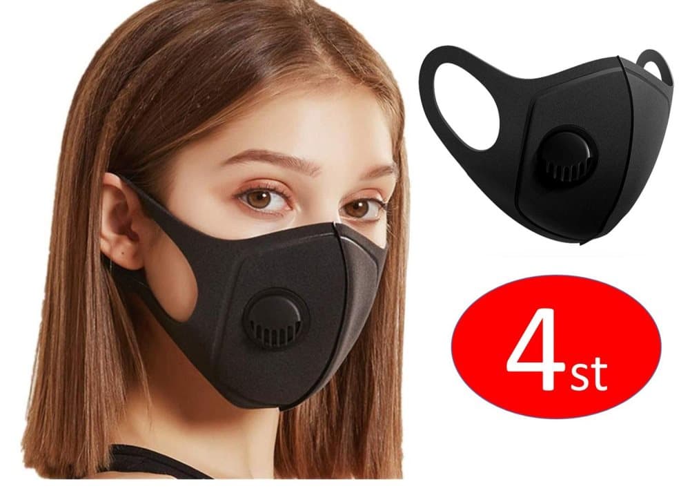 Vaskbar mundbeskyttelse med ventil sort,4 stk mundbind ansigtsmaske