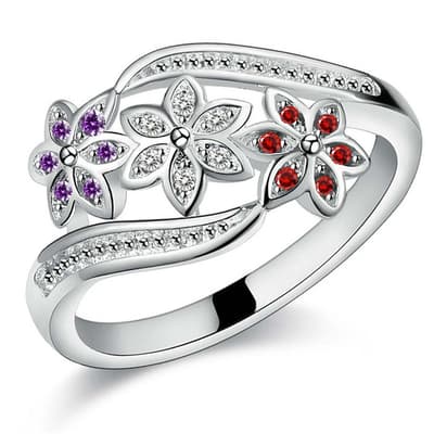 Silver Ring - Blommor med Lila, Röda & Vita Kristaller Stl 17,3