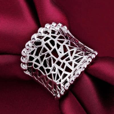 Bred Välvd Silver Ring med Fint Ihåligt Mönster - Stl 17,3