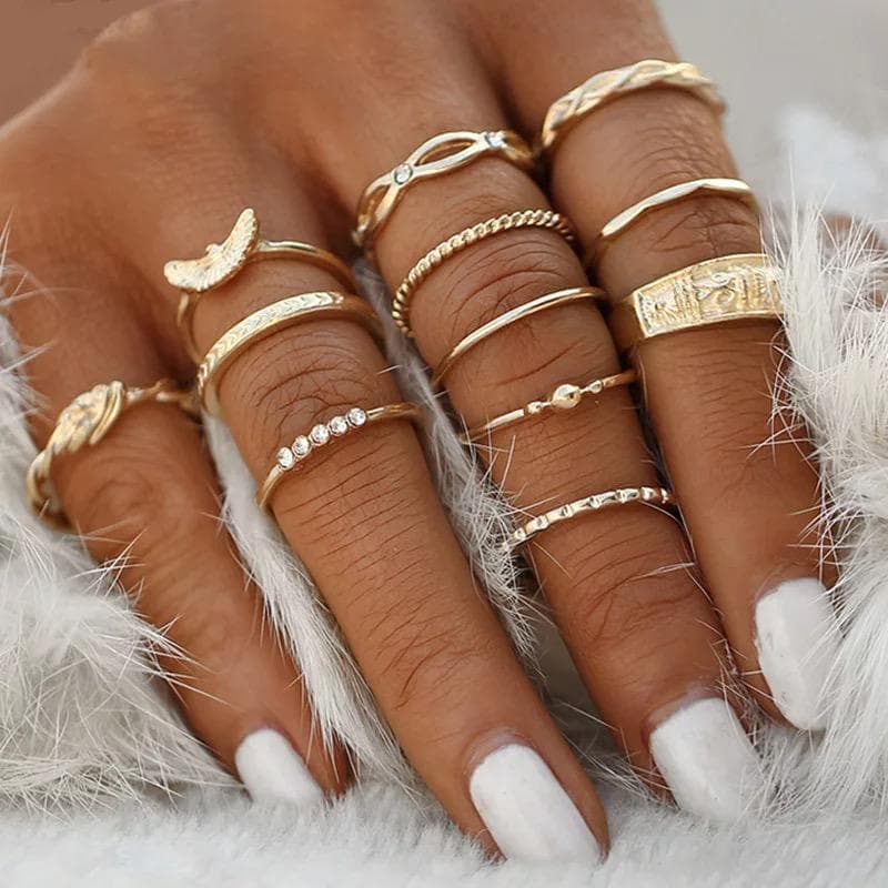 12-pack Boho Guld Ringar - Vita Rhinestones & Olika Mönster