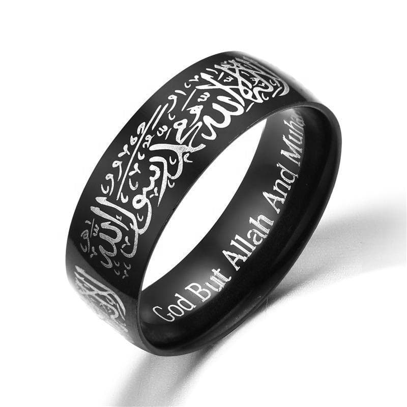 Islamisk ring i stål med kalima muslim sort, sølv, guld, blå