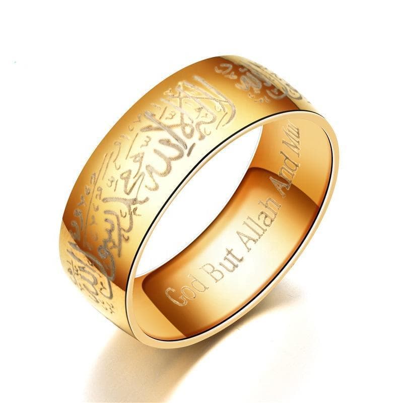 Islamisk ring i stål med kalima muslim sort, sølv, guld, blå