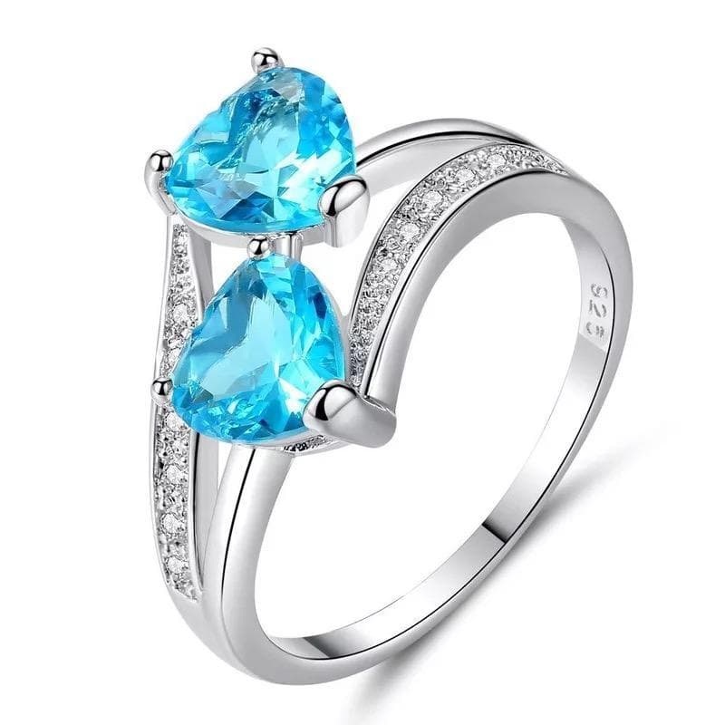 Silver Ring med Dubbla Hjärtan & Turkos CZ Kristall - Stl 18,9