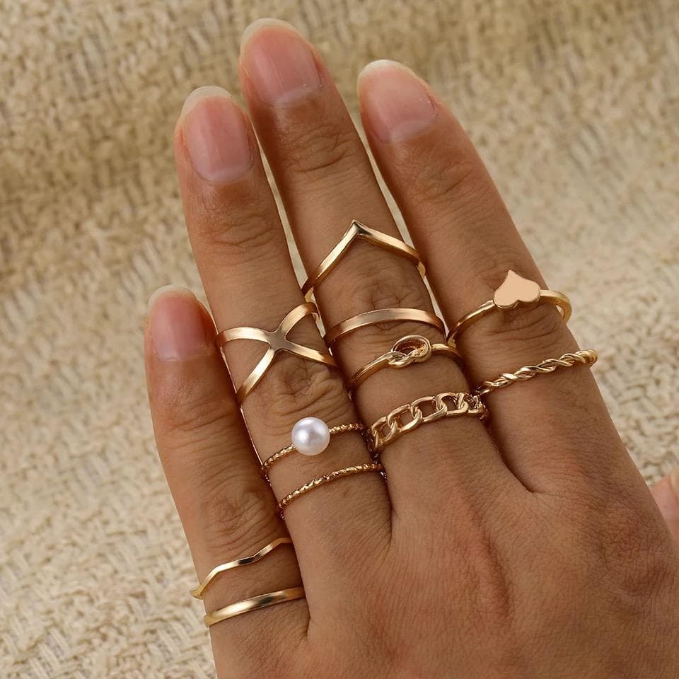 10-pack Boho Guld Ringar - Släta, Mönster, Hjärta & Vit Pärla