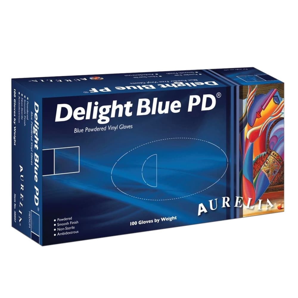 Aurelia Delight Blue PD Blue Powdered Vinyl Gloves (Pack of 100)