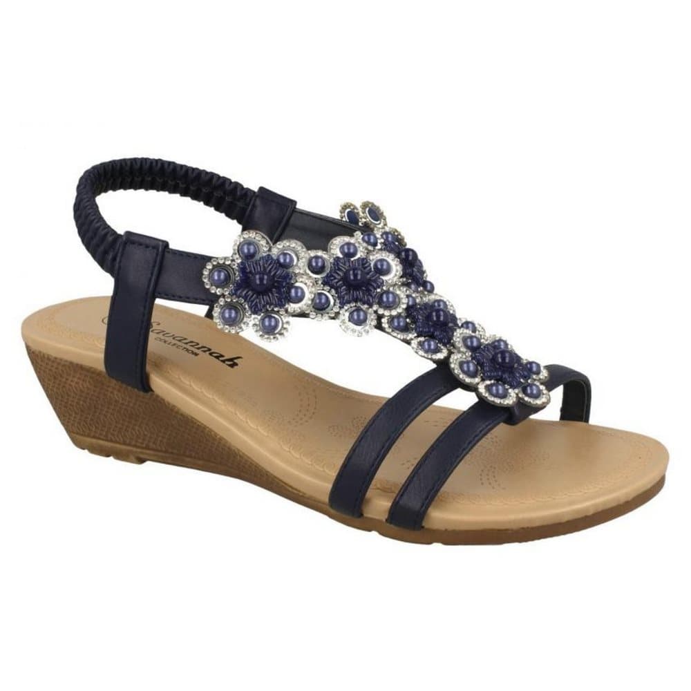 Savannah Womens/Ladies Mid Wedge Slingback Flower Trim Vamp Sandals