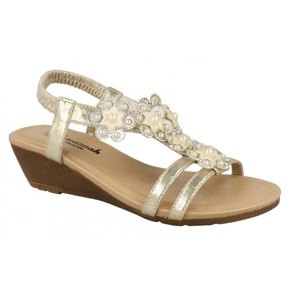 Savannah Womens/Ladies Mid Wedge Slingback Flower Trim Vamp Sandals