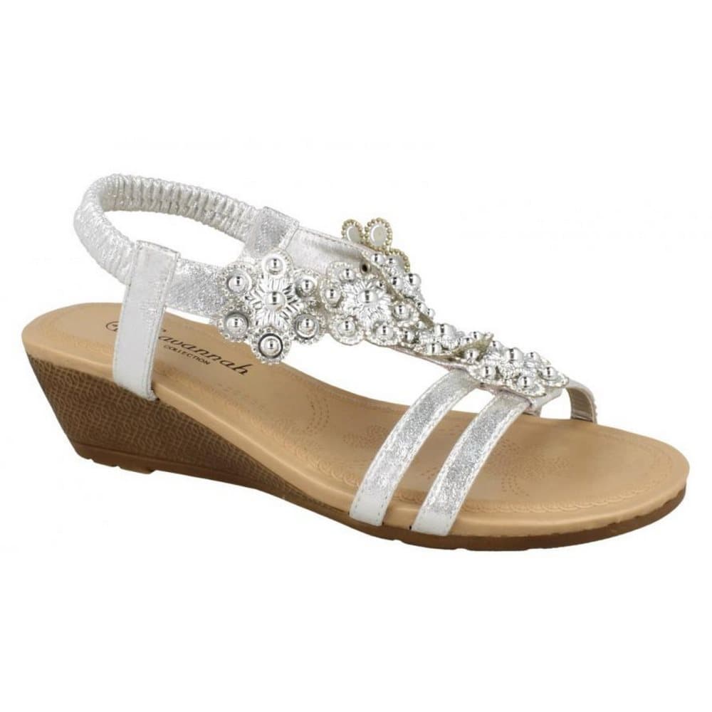 Savannah Womens/Ladies Mid Wedge Slingback Flower Trim Vamp Sandals