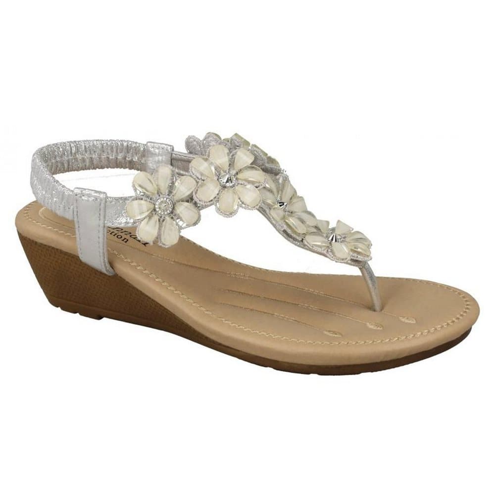 Savannah Womens/Ladies Mid Wedge Toepost Flower Trim Sandals