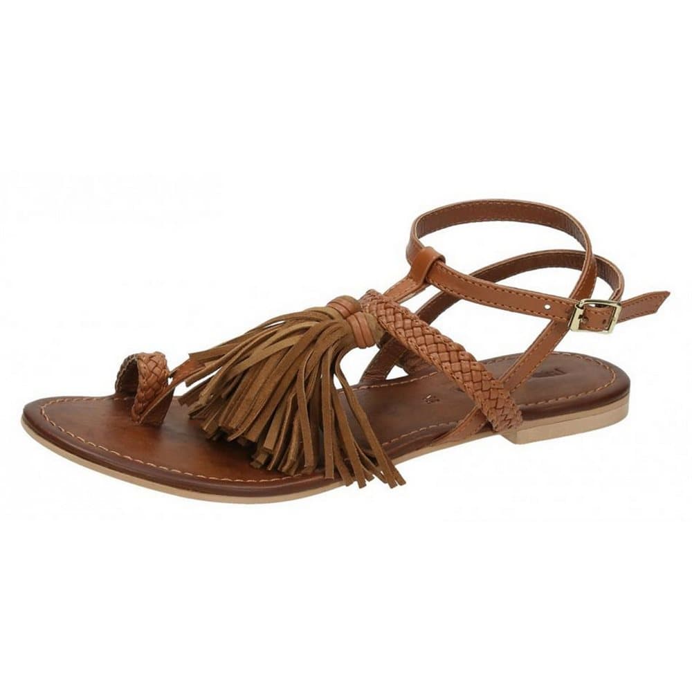 Leather Collection Womens/Ladies Flat Toe Loop Sandals With Decorative Tassels