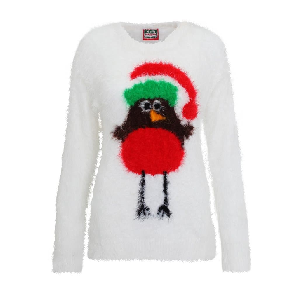 Christmas Shop Womens/Ladies Robin Design Fluffy Knitted Jumper