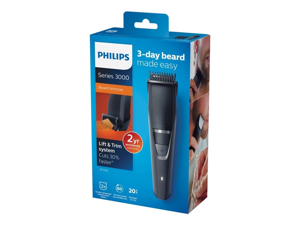 Philips BEARDTRIMMER Series 3000 0,5 mm precisionsinställningar för skäggtrimmer, Underhållsfri – ingen olja behövs, AC/Baterry, Svart